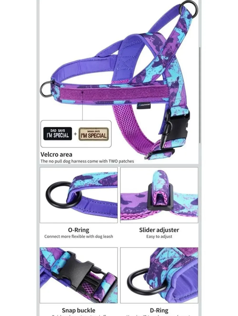 No Pull Dog Harness XL Purple Aqua Camo Heavy Duty Adjustable, Padded NEW